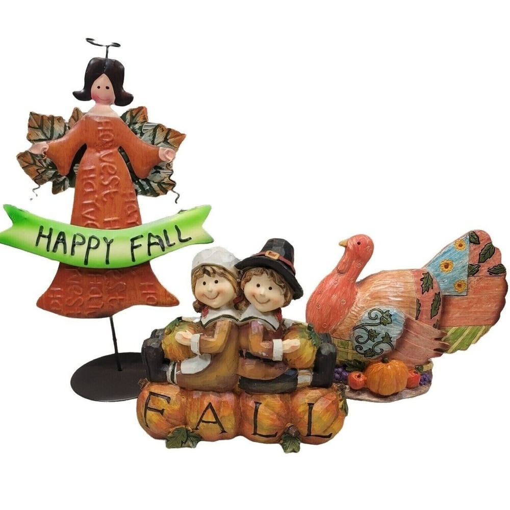 Fall‎ Thanksgiving Decor Set 3pc Pilgrim on Pumpkins Turkey Metal Angel Vtg